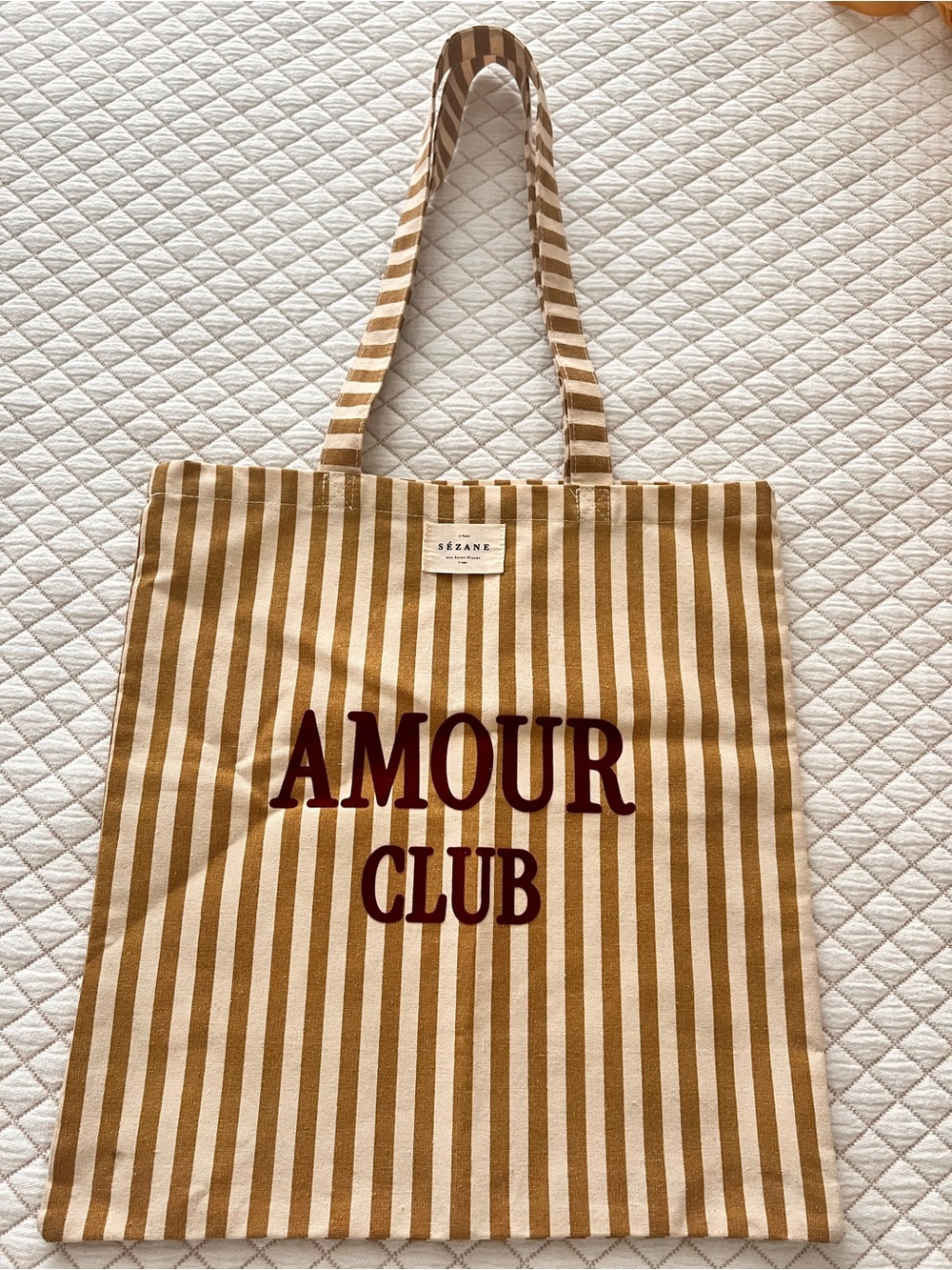 Sézane Amour Club Striped Canvas Tote Bag in Tan & White & Burgundy NWOT